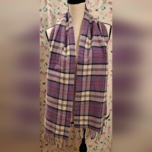 Vintage Johnstons Of Elgin Purple Plaid Wool Casual Prep Scarf w/ Fringe - Picture 2 of 7